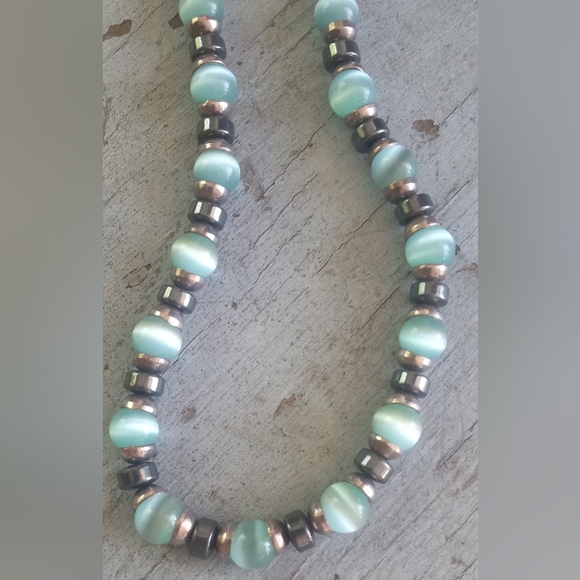 Sterling Silver Blue/Green Cat's Eye Hematite Beaded Vintage Necklace/Bracelet - Picture 5 of 11